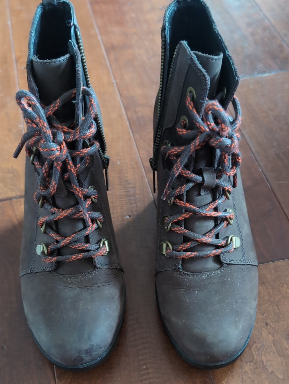 Sorel Joan Uptown Brown Lace-Up Ankle Boots with Orange Accent Laces